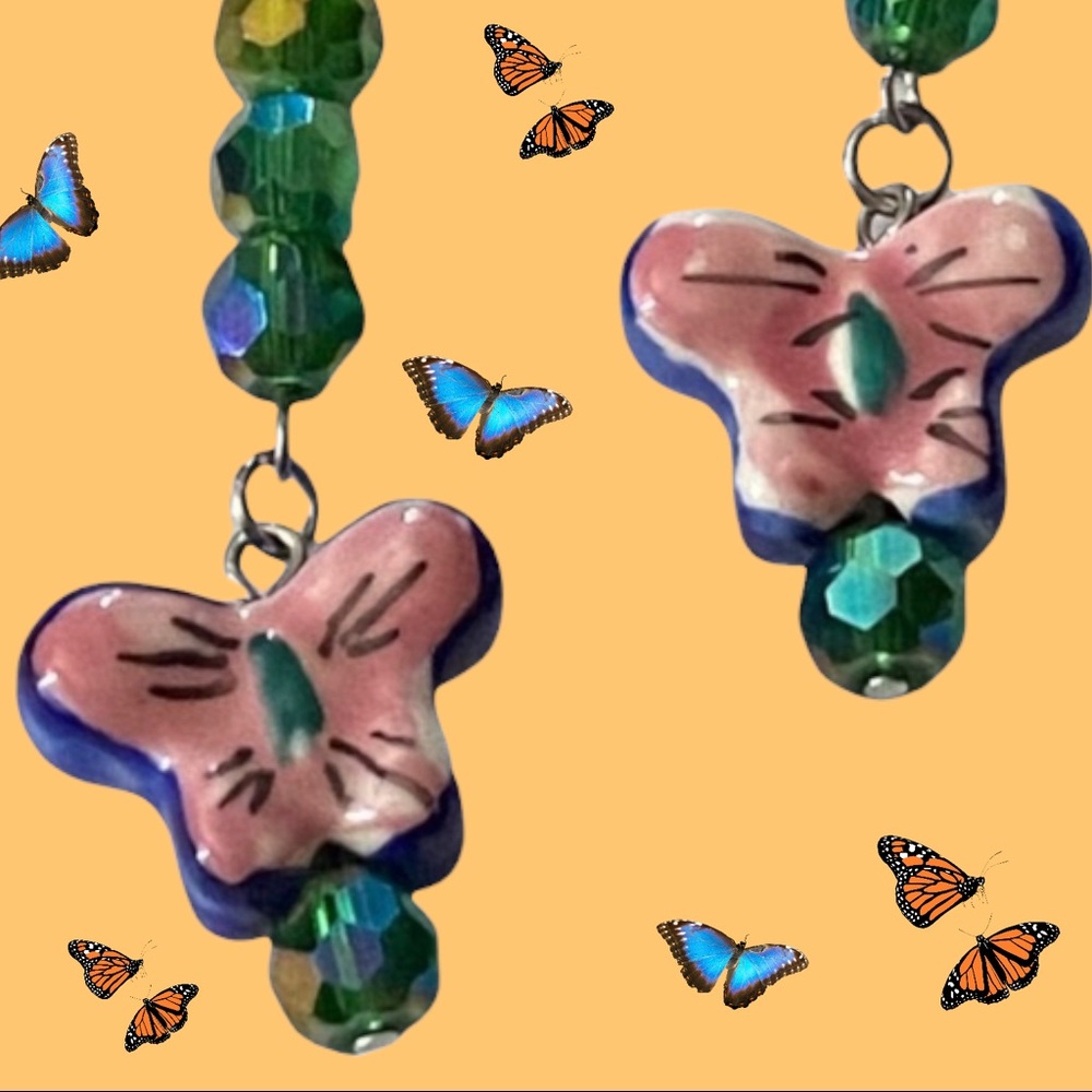 Hand Crafted Porcelain Butterfly Dangle Earrings Blue Pink Green Pierced - Picture 2 of 6